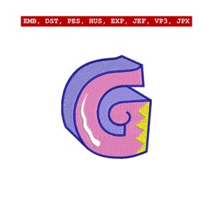 May include: Embroidered letter "G" in pink, blue, and yellow. The letter has a 3D effect with a blue outline and a yellow zig-zag design on the bottom right. The text "EMB, DST, PES, HUS, EXP, JEF, VP3, JPX" is at the top.