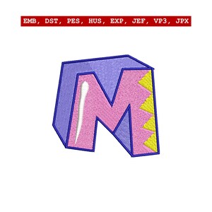May include: A stylized, embroidered letter "M" in pink with a white highlight and yellow zig-zag accents. The letter is outlined in blue and set against a white background. The text "EMB, DST, PES, HUS, EXP, JEF, VP3, JPX" is at the top.