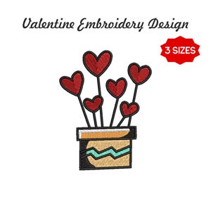Puede incluir: Diseño de bordado de San Valentín con corazones rojos sobre tallos negros en una maceta decorativa. La maceta es de color canela con un diseño en zigzag turquesa. El texto "3 TAMAÑOS" está en una estrella roja.