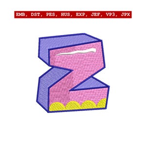 May include: A stylized, embroidered letter "Z" in pink with blue outlines and a white accent. The bottom edge features yellow scalloped detailing. The text "EMB, DST, PES, HUS, EXP, JEF, VP3, JPX" is at the top.