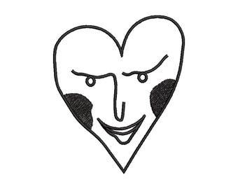 Diseño de bordado de cara de corazón divertido, archivo de diseño monolineal, descarga instantánea, 3 tamaños de bastidor