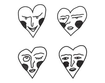 Paquete de diseños de bordado con caras de corazón peculiares, 4 diseños, arte lineal monolineal, descarga instantánea, 3 tamaños
