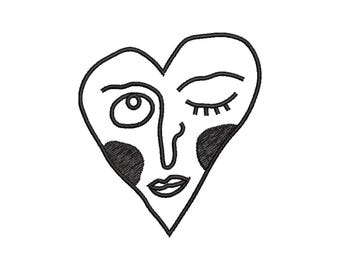 Bordado de líneas con forma de corazón peculiar, diseño de puntada minimalista, descarga instantánea, 3 tamaños