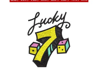 Diseño de bordado Lucky Seven, 3 tamaños de bastidor, máquina digital, tatuaje de dados de la vieja escuela, descarga instantánea