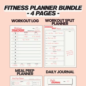 Printable Fitness Planner Bundle | Workout Tracker, Meal Planner, Progress Tracker | Workout Split | Workout Log | Health & Fitness Journal