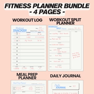 Printable Fitness Planner Bundle | Workout Tracker, Meal Planner, Progress Tracker | Workout Split | Workout Log | Health & Fitness Journal