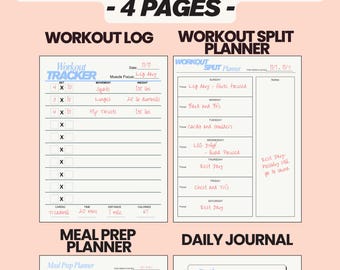 Printable Fitness Planner Bundle | Workout Tracker, Meal Planner, Progress Tracker | Workout Split | Workout Log | Health & Fitness Journal