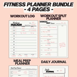 Printable Fitness Planner Bundle | Workout Tracker, Meal Planner, Progress Tracker | Workout Split | Workout Log | Health & Fitness Journal
