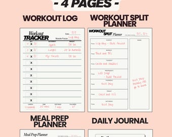 Printable Fitness Planner Bundle | Workout Tracker, Meal Planner, Progress Tracker | Workout Split | Workout Log | Health & Fitness Journal