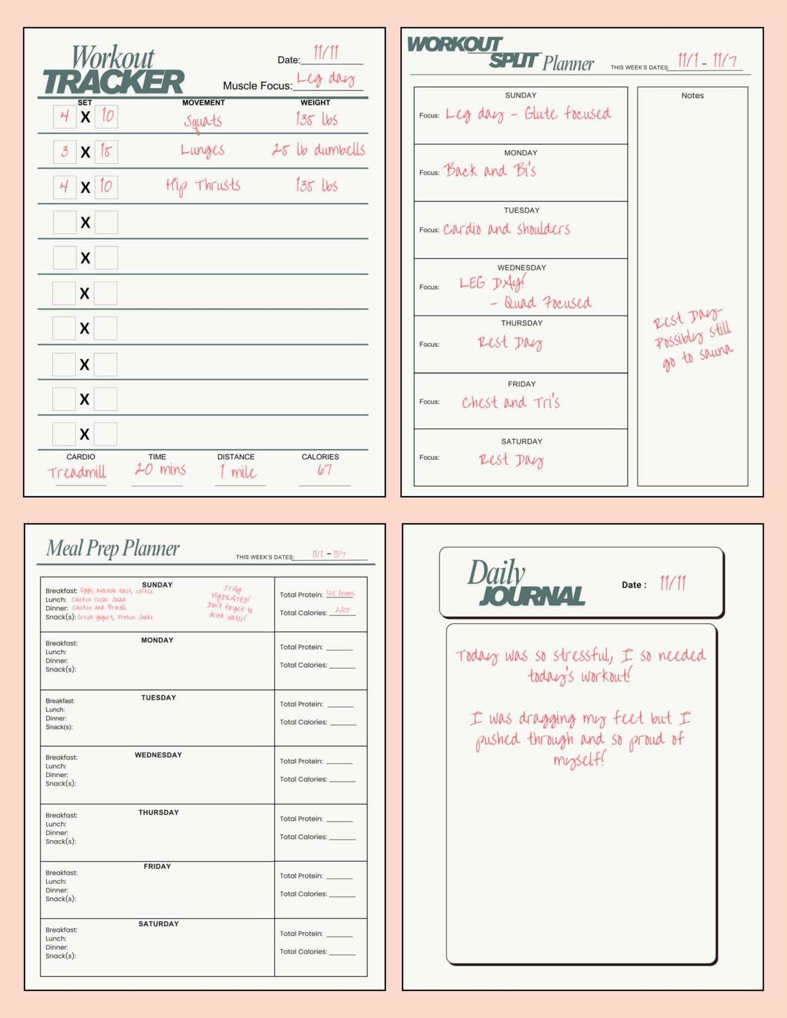 Printable Fitness Planner Bundle | Workout Tracker, Meal Planner ...