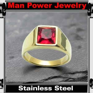 Regal Ruby Signet Ring Gold Plated High Polished Stainless Steel Men's Square Ruby CZ (Sizes 8-13)