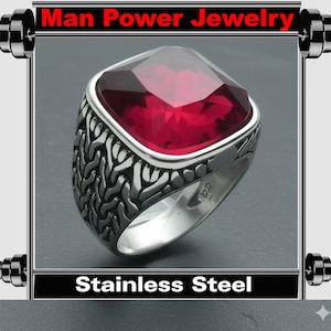 Impressive Red CZ Signet Ring 17mm High Polished Stainless Steel Sizes 7 to 12