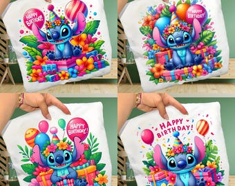 Stitch birthday hat and balloons PNG, Stitch birthday PNG, bundle clipart Stitch, Cute Stitch PNG, instant download