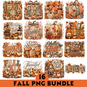 May include: A digital collection of 16 autumn-themed graphic designs featuring pumpkins, sunflowers, plaid patterns, and leopard print accents. Text elements include phrases like Thankful, Fall Vibes, Hello Fall, Cozy Season, and Autumn in various fonts.