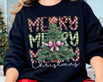 Fröhliche Weihnachten mit Blumenmuster (PNG), Schleife (PNG), Karomuster in Rot, Weihnachtsbaum (PNG), Weihnachts-T-Shirt (PNG), Digitaler Download