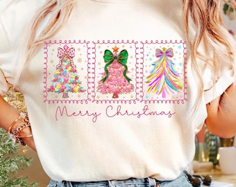 Merry Christmas PNG, Colorful Christmas Tree PNG, Coquette Bow Christmas Design, Pink Holiday Sublimation, Girly Xmas Shirt PNG
