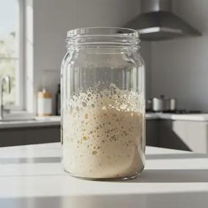 Peut inclure: Un bocal en verre transparent rempli d'un levain beige et pétillant. Le bocal présente un bord fileté pour un couvercle et un corps cylindrique large, mettant en valeur le processus de fermentation actif avec des bulles d'air visibles.