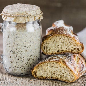 Op de afbeelding: Een doorzichtige glazen pot gevuld met een bubbelende, beige zuurdesemstarter, afgedekt met een beige papieren deksel vastgezet met touw, naast twee helften van een knapperig, goudbruin brood met een poreuze, lichtgekleurde binnenkant.