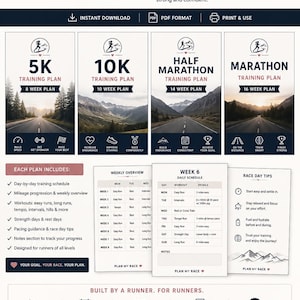 May include: A digital training plan document for 5K, 10K, half marathon, and marathon races. The layout includes a header with the text PLAN MY RACE, sections for weekly schedules, daily workout details, and race day tips, all presented in a clean, organised format with icons and mountain imagery.