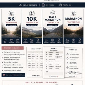 May include: A digital training plan document for 5K, 10K, half marathon, and marathon races. The layout includes a header with the text PLAN MY RACE, sections for weekly schedules, daily workout details, and race day tips, all presented in a clean, organised format with icons and mountain imagery.