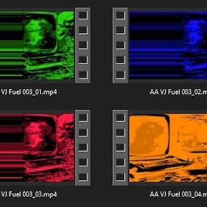 Op de afbeelding: Vier filmstrip-achtige afbeeldingen, elk met een ander kleurenschema. De linkerbovenhoek is groen, de rechterbovenhoek is blauw, de linkeronderhoek is rood en de rechteronderhoek is oranje. Elke afbeelding heeft de tekst "AA VJ Fuel 003_01.mp4", "AA VJ Fuel 003_02.mp4", "AA VJ Fuel 003_03.mp4" en "AA VJ Fuel 003_04.mp4".