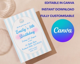 青い犬の誕生日招待状｜子犬パーティー用編集可能Canvaテンプレート（デジタルダウンロード）