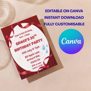 May include: A rectangular birthday party invitation card featuring a dark red curtain background with red ribbons. The center white oval contains the text: Come To Best Birthday Ever... I Hope GRACE'S 20TH BIRTHDAY PARTY 10th July @ 7pm 88 Apple Lane, Orchard Hills, 90210 CA RSVP at Jade 09876-54321.