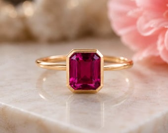 Ruby Emerald Cut Ring Gold Solitaire Engagement Ring July Birthstone Bezel Set Ruby Promise Ring Anniversary Gift for Her