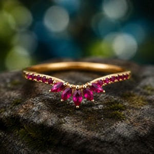 Ruby Marquise gouden ring, sierlijke V-vorm Ruby Band Vintage gebogen ring voor vrouwen stapelen Ruby sieraden cadeau voor haar