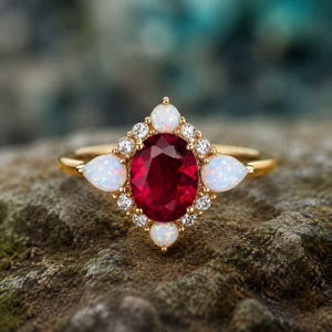 Rubin Opal Ring Oval Rubin Verlobungsring Rose Gold Halo Brautring Einzigartiger Feueropal Diamant Akzent Hochzeit Juli Birthstone Schmuck Geschenk