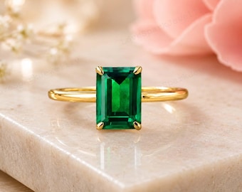 Anillo de compromiso con esmeralda verde talla esmeralda, anillo solitario de oro amarillo de 14 quilates, anillo de promesa con piedra preciosa verde, regalo de piedra natal de mayo