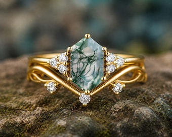 Unique Hexagon Cut Moss Agate Ring Art Deco Wedding Ring Set Vintage Green Stone Engagement Ring Promise Ring Anniversary Ring Gift For Her