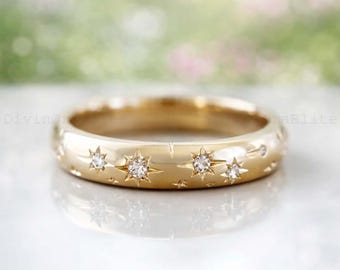 Diamond Starburst Band Ring Celestial Gold Ring Dainty Minimalist Ring, Stacking Wedding Band, Star Set Ring, Gift for Her, Anniversary Ring