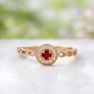 Round Ruby Gemstone 14K Rose Gold 925 Silver Ring Engagement Ring Wedding Ring Art Deco Ring Promise Ring Statement Ring Women Promise Ring