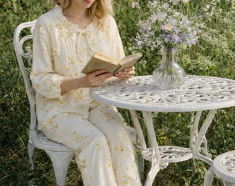 100% Cotton Muslin Pajama Set, White Yellow Floral Loungewear, Artisan Handcrafted Sleepwear