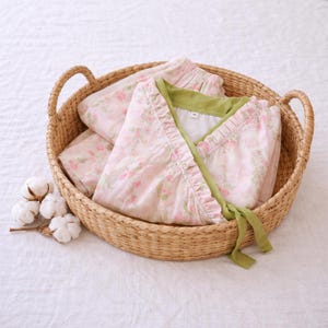 100% Cotton Pajama Set Muslin,Pink Garden Lace Kimono Cotton and Linen Long-sleeved Home Clothes Set,Comfortable Women's Loungewear