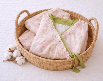 Pijama 100 % algodón de muselina, kimono de encaje rosa para jardín, ropa de casa de algodón y lino, ropa de estar cómoda para mujer.