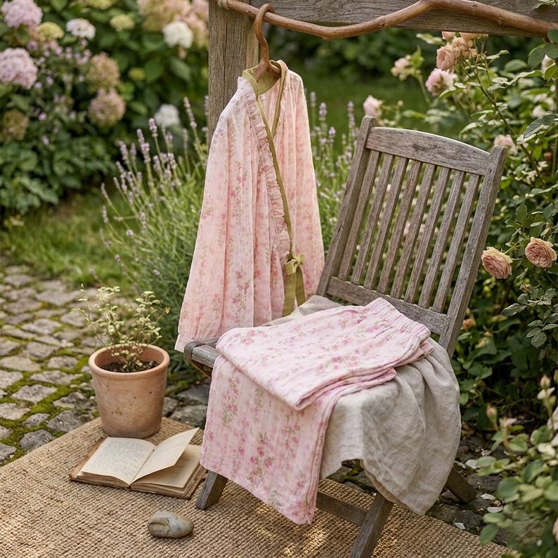 100% Cotton Pajama Set Muslin,Pink Garden Lace Kimono Cotton and Linen Long-sleeved Home Clothes Set,Comfortable Women's Loungewear