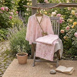 100% Cotton Pajama Set Muslin,Pink Garden Lace Kimono Cotton and Linen Long-sleeved Home Clothes Set,Comfortable Women's Loungewear