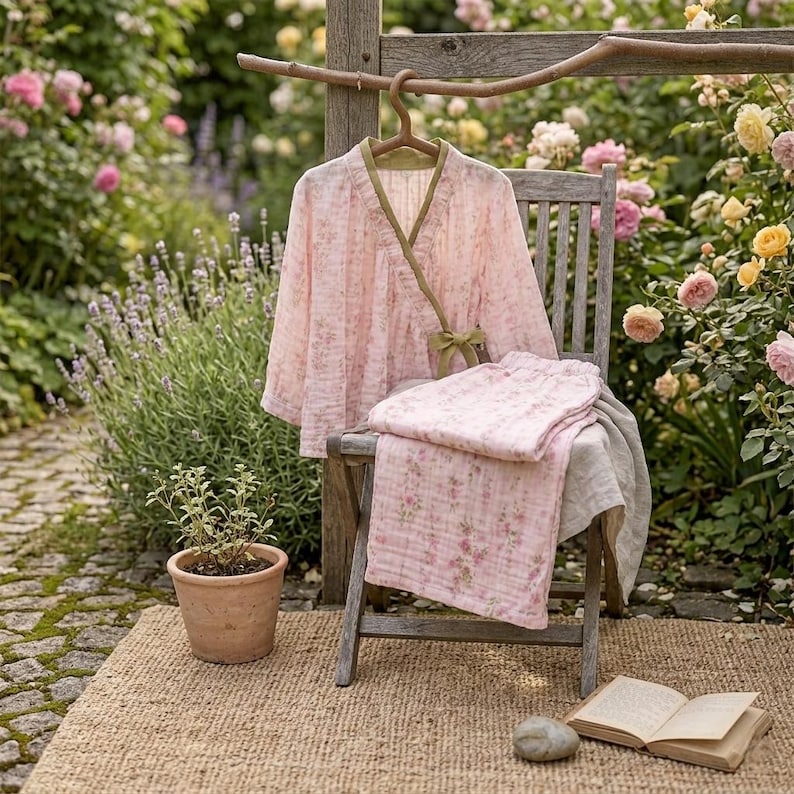 100% Cotton Pajama Set Muslin,Pink Garden Lace Kimono Cotton and Linen Long-sleeved Home Clothes Set,Comfortable Women's Loungewear