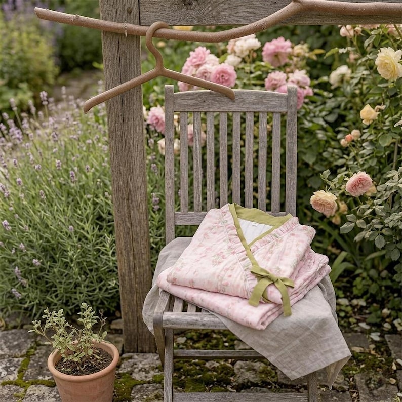 100% Cotton Pajama Set Muslin,Pink Garden Lace Kimono Cotton and Linen Long-sleeved Home Clothes Set,Comfortable Women's Loungewear