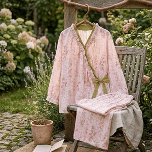 100% Cotton Pajama Set Muslin,Pink Garden Lace Kimono Cotton and Linen Long-sleeved Home Clothes Set,Comfortable Women's Loungewear