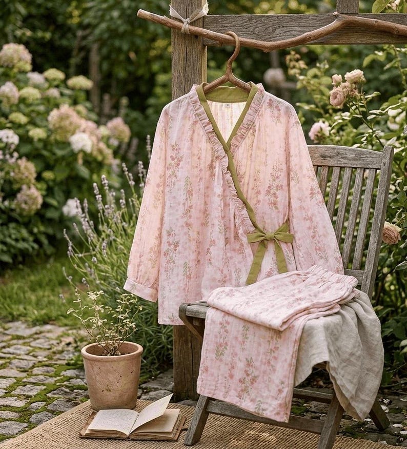 100% Cotton Pajama Set Muslin,Pink Garden Lace Kimono Cotton and Linen Long-sleeved Home Clothes Set,Comfortable Women's Loungewear