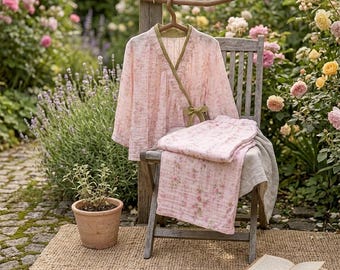 100% Cotton Pajama Set Muslin,Pink Garden Lace Kimono Cotton and Linen Long-sleeved Home Clothes Set,Comfortable Women's Loungewear