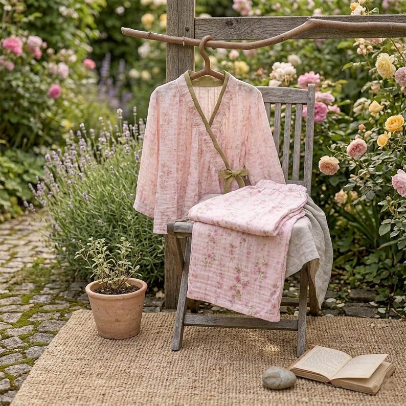 100% Cotton Pajama Set Muslin,Pink Garden Lace Kimono Cotton and Linen Long-sleeved Home Clothes Set,Comfortable Women's Loungewear