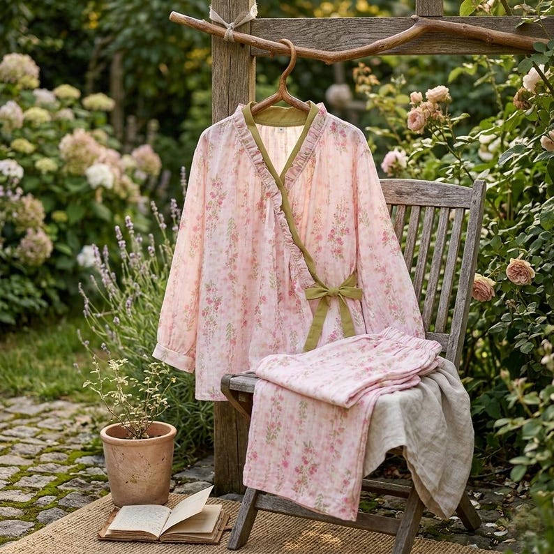 100% Cotton Pajama Set Muslin,Pink Garden Lace Kimono Cotton and Linen Long-sleeved Home Clothes Set,Comfortable Women's Loungewear