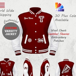 May include: A maroon and white varsity jacket with the letter "T" and the number "24". The jacket has leather sleeves and embroidery patches. The image also shows other jacket designs and the text "Custom Varsity Jacket".