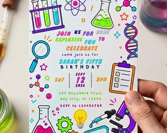 May include: A white rectangular birthday invitation card featuring colorful science-themed illustrations including test tubes, a microscope, a DNA strand, and a magnifying glass. The text reads: JOIN US FOR SOME EXPLOSIVE FUN TO CELEBRATE SARAH'S FIFTH BIRTHDAY.