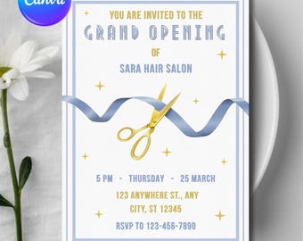 May include: An invitation for the grand opening of Sara Hair Salon. The invitation features a light blue border, text, and ribbon, with gold scissors cutting the ribbon. The text includes the date, time, and address.