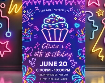 May include: A neon-style birthday invitation with a cupcake illustration. The invitation is purple and blue with pink and yellow accents. Text includes "Olivia's 5th Birthday" and event details.